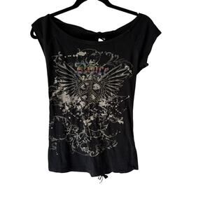 Peace Shirt Womens Medium Black Graphic Rhinestone Tie Dye Angel Wings Grunge